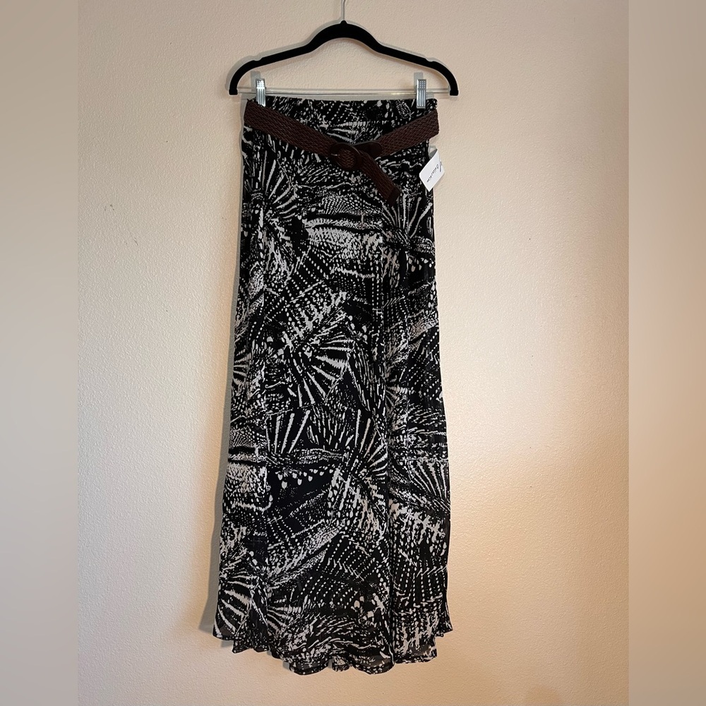 NY Collection Black & White Abstract Print Maxi Skirt with Belt - Size L NWT